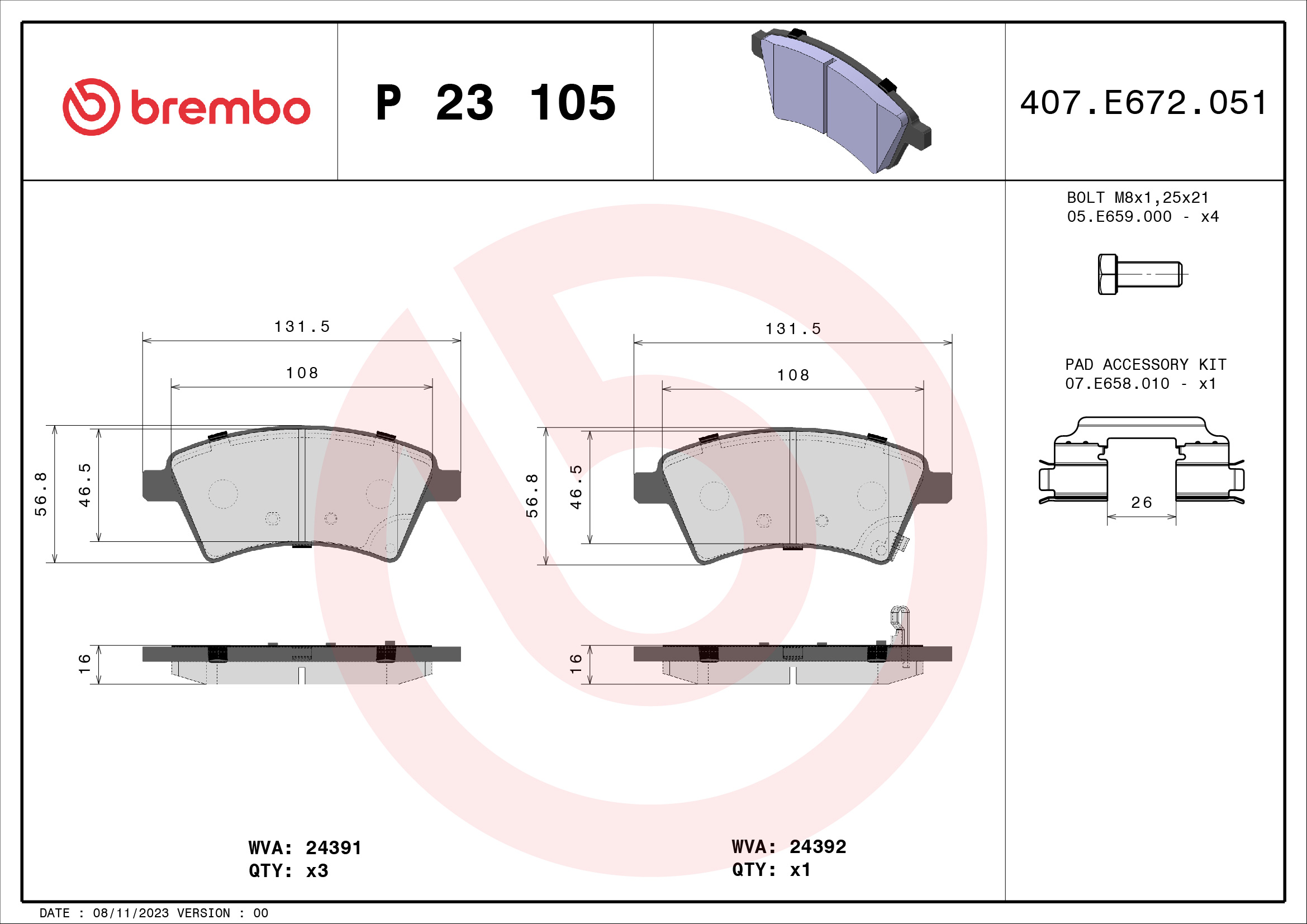 A.B.S. P 23 105 BREMBO Bremsbelagsatz, Scheibenbremse